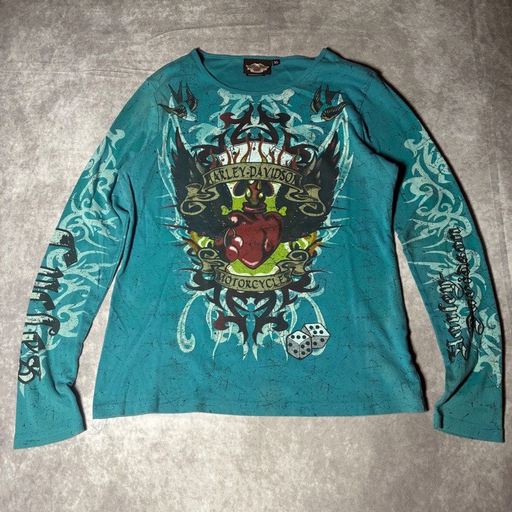 Y2K Harley-Davidson  Tribal Tattoo Womens XL Teal  Long Sleeve Heart Wings tee